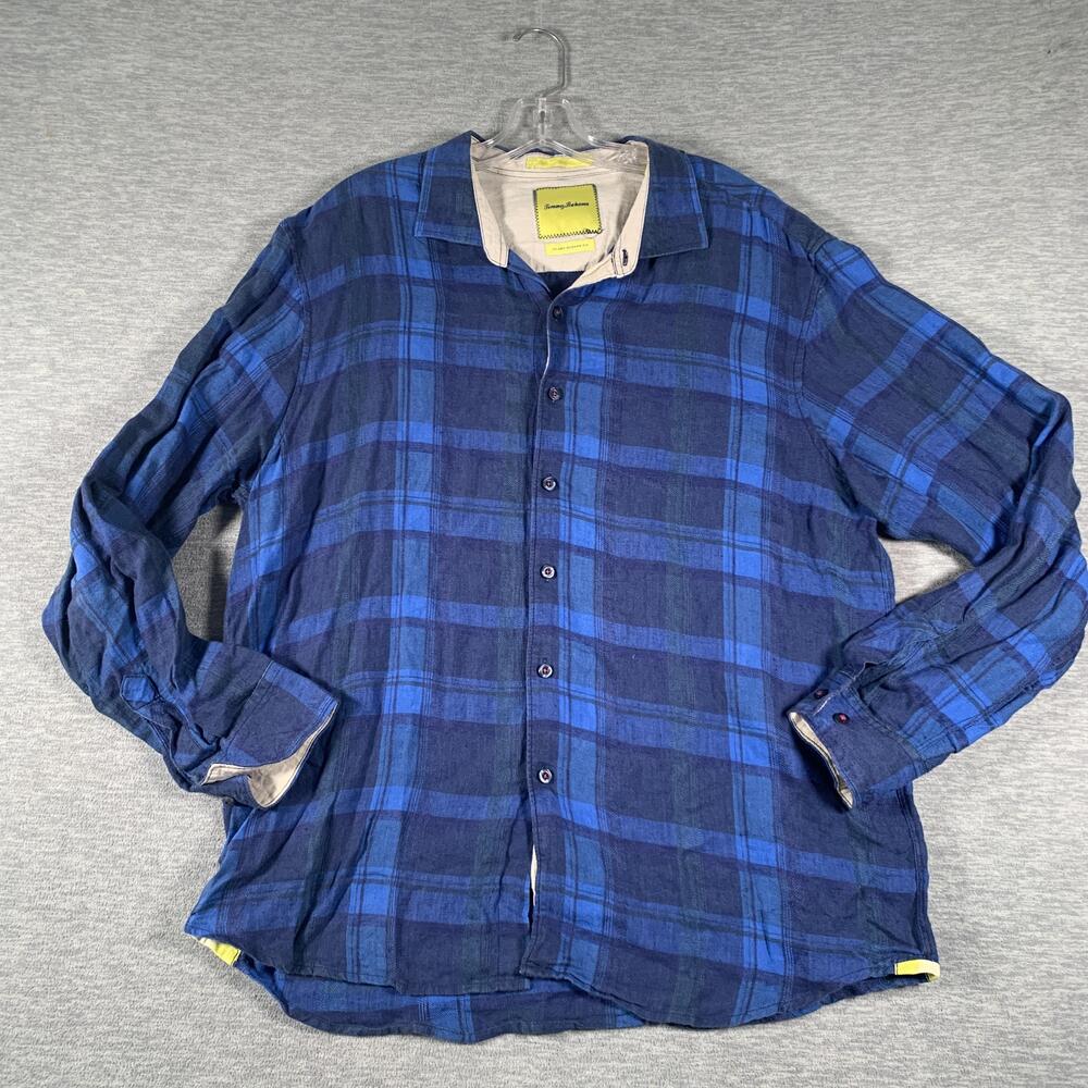 Tommy Bahama Shirt Mens XL Blue Plaid 100% Linen Long Sleeve Button Front Casual